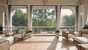 Spacious living room featuring large windows and stylish furniture, creating a bright and inviting atmosphere.